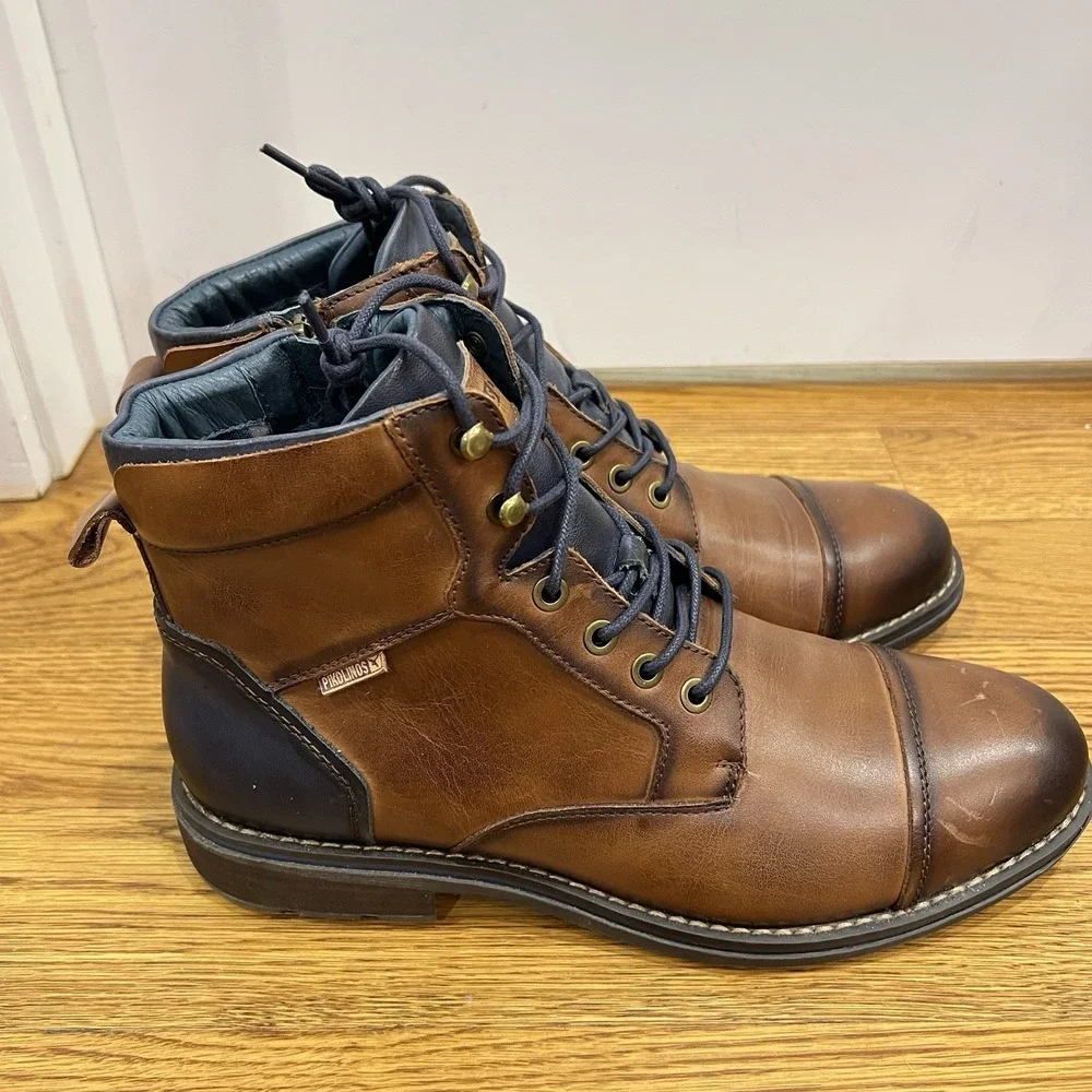 Pikolinos Mens YORK Brown Leather Cap Toe Ankle Zip Lace Up Boots Sz 41 / 8.5 US
